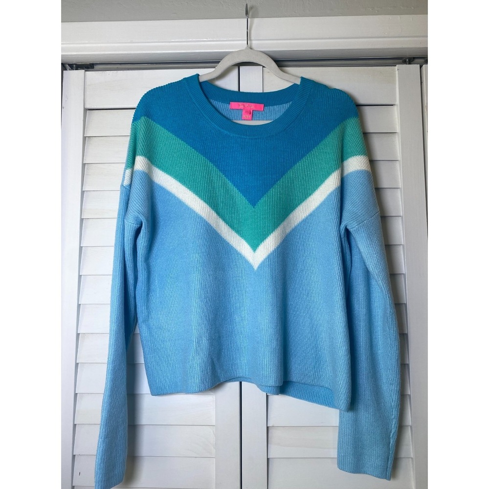 LILLY PULITZER RIVKA RAVELLO BLUE CHEVRON COLORBLOCK OVERSIZED CREW SWEATER | L